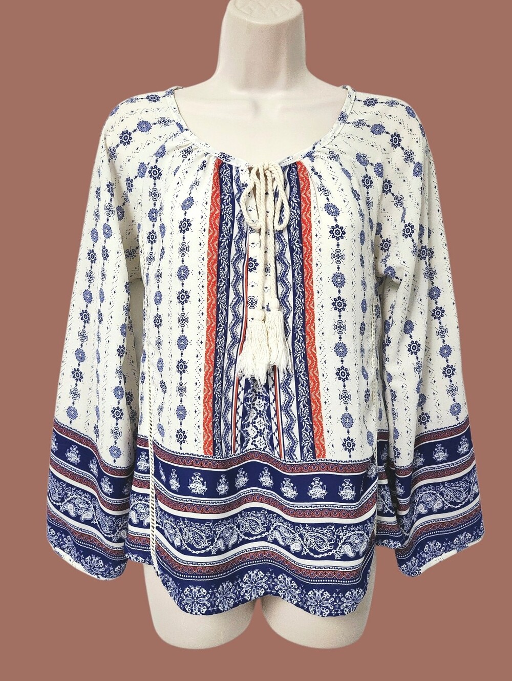 Design Lab Lord & Taylor White Boho Blouse with Navy & Red Print size M - Picture 3 of 13